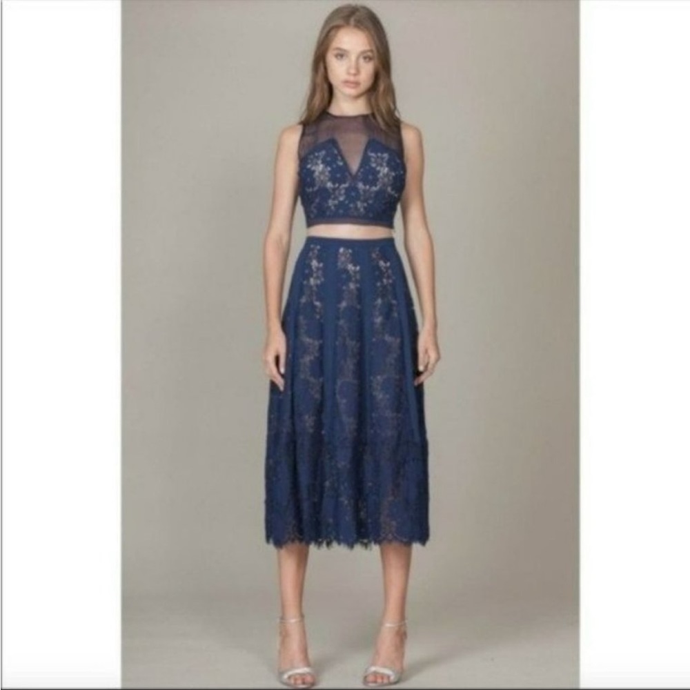 Foxiedox Navy Lace Atiquah Midi Skirt Extra Small New with Tags